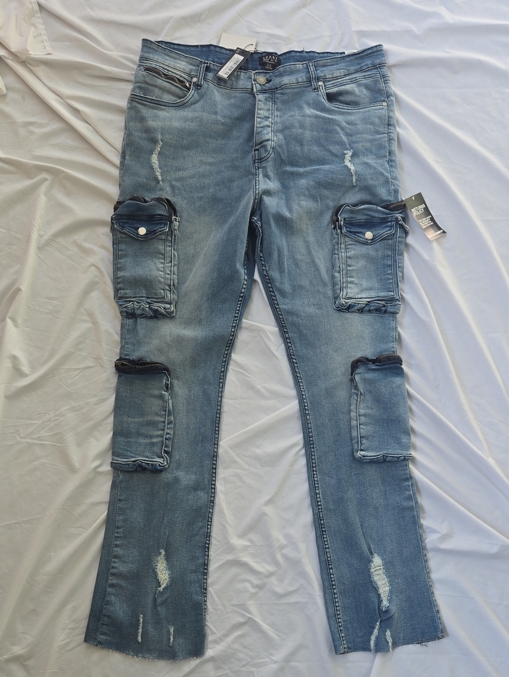 Men's Tall Distressed Multipocket Cargo Style Jeans Raw Cut Flared Bottom Legs